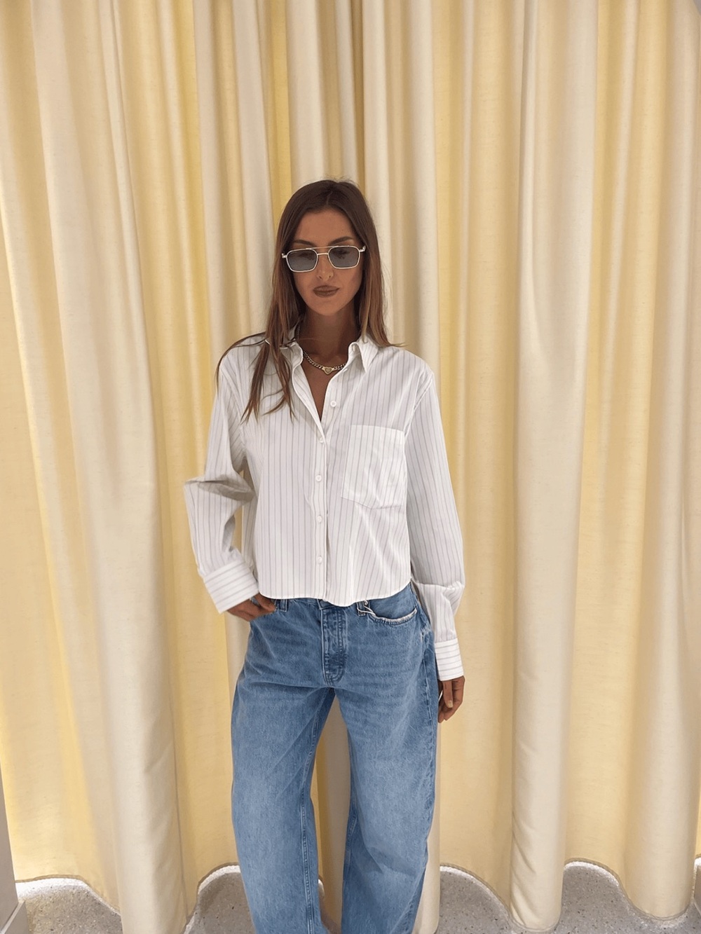 BNWT Anine Bing Essie Cropped Shirt in Cream Pinstripe